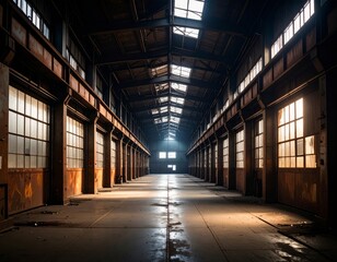 Light beams entering deserted industrial building through skylights and windows