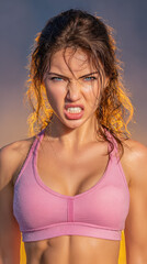 Woman gritting her teeth during intense workout effort