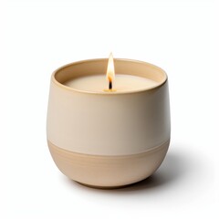 Burning candle in ceramic container with flame visible isolated on white background