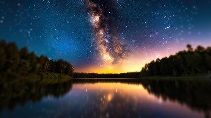 Naklejka premium A breathtaking view of a starry night sky mirrored perfectly on a tranquil lake, showcasing the Milky Way arching over the serene landscape.