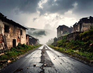 Wet asphalt road leading to abandoned village in the mountains