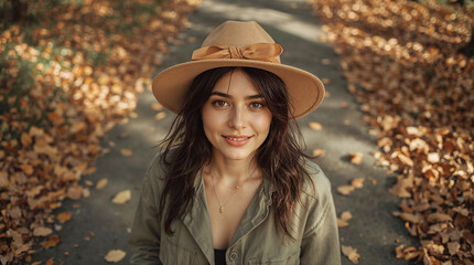 Young woman smiling while walking on a path covered with autumn leaves  