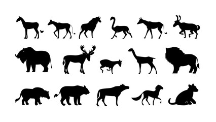 Fototapeta premium Minimalist Black Animal Icon Set with Lion, Elephant, Giraffe, and More — Simplified Wildlife Symbols on White Background
