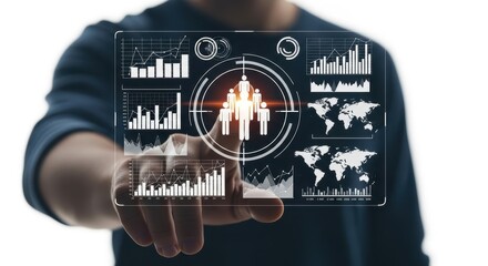 Person touches a futuristic dashboard with global data