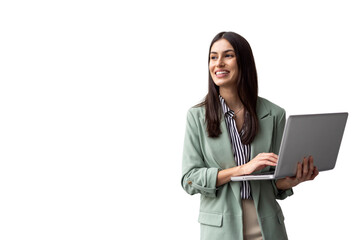 Professional businesswoman working on laptop, smiling confidently, transparent backdrop