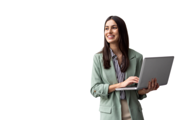Professional businesswoman working on laptop, smiling confidently, transparent backdrop