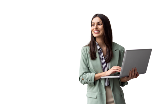 Professional businesswoman working on laptop, smiling confidently, transparent backdrop - Powered by Adobe
