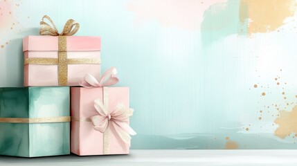 Presents adorned with ribbons and bows with a bouquet of light pink flowers on a white surface, in front of a mint green wall. Celebration card, with room for adding personal text.