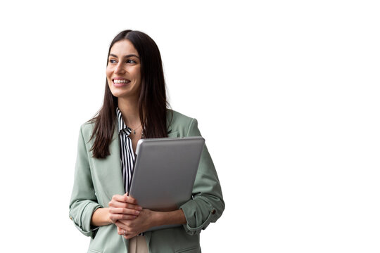 Studio shot of a cheerful businesswoman holding a tablet and looking away, isolated on transparent background