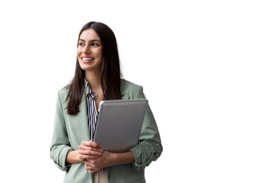 Studio shot of a cheerful businesswoman holding a tablet and looking away, isolated on transparent background