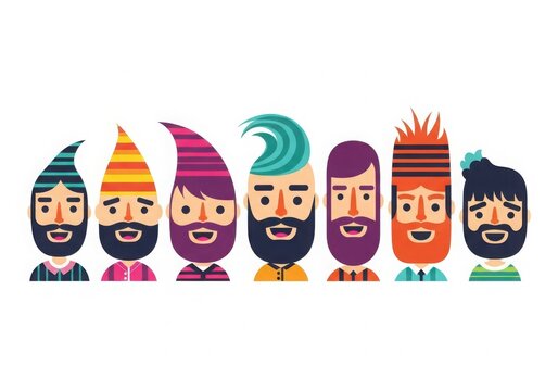 A group of diverse cartoon characters with unique hairstyles and beards