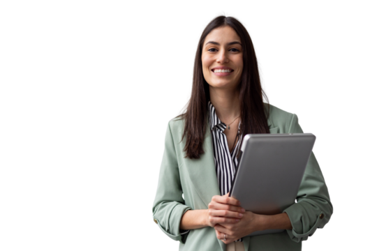 Professional businesswoman confidently smiling, holding tablet, embodying corporate success against clean background