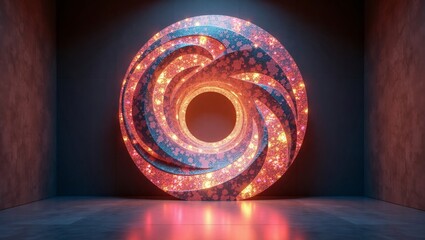 A futuristic, glowing portal with swirling orange and blue energy particles floats in a dark, minimalist room.
