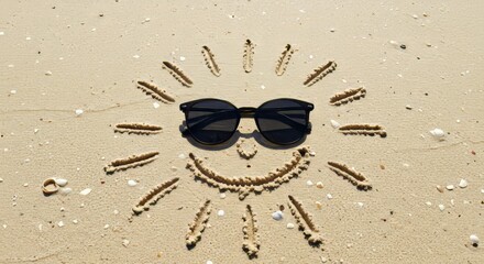Smiling Sun Face Drawn in Beach Sand with Sunglasses, Fun Summer Beach Art for Coastal Vacation Vibes