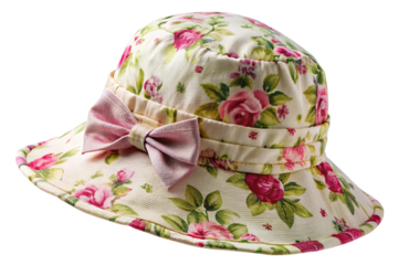 A charming floral print bucket hat with a pink bow accent perfect for sunny days isolated on transparent background
