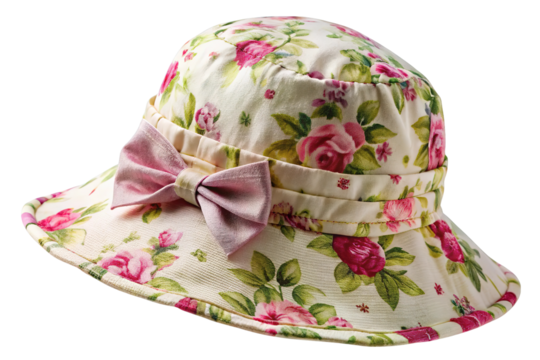 A charming floral print bucket hat with a pink bow accent perfect for sunny days isolated on transparent background