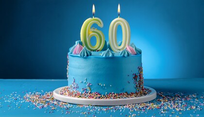 vibrant 60th birthday cake with blue frosting colorful sprinkles and burning candles on blue background