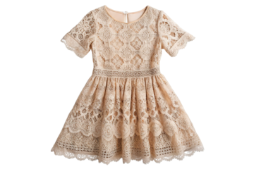 Elegant peach lace dress with short sleeves and full skirt for girls isolated on transparent background