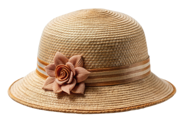 Elegant woven straw sun hat with a decorative fabric flower and ribbon band isolated on transparent background