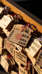 Obraz premium Japanese Wooden Wishing Plaques with Traditional Japanese Writing and Red Seal Detail in Sunlight