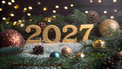 New Year 2027 Decorations: Festive composition with gold numbers, adorned with ornaments and lights to celebrate the upcoming year.
