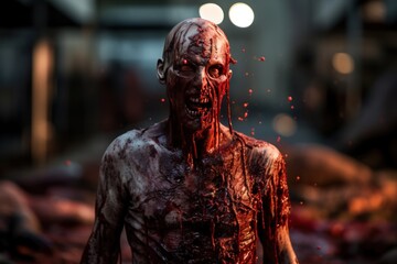 Obraz premium Zombie walk on the street. Horror movie. Halloween. Horror film. Zombie. Zombies. Halloween. Halloween Concept with Copy Space. Zombie Apocalypse Concept with Copy Space.