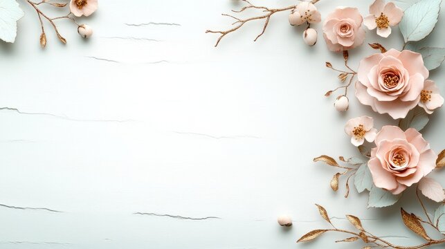 Greeting card in pastel tones with delicate flowers and green leaves, free area for writing, perfect for birthdays or weddings.