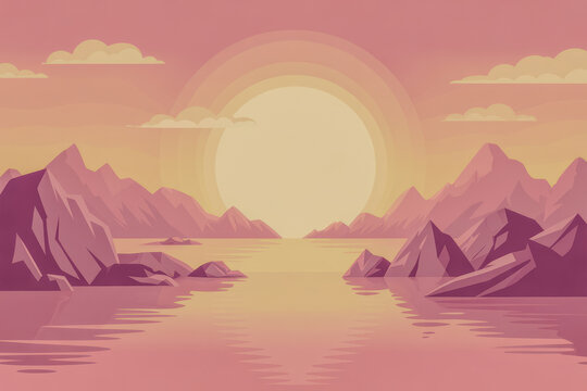 Mountain lake sunset with pink sky mountains water - Powered by Adobe