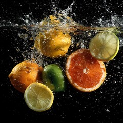 Citrus Fruits Splashing in Water, Including Lemon, Lime, and Grapefruit