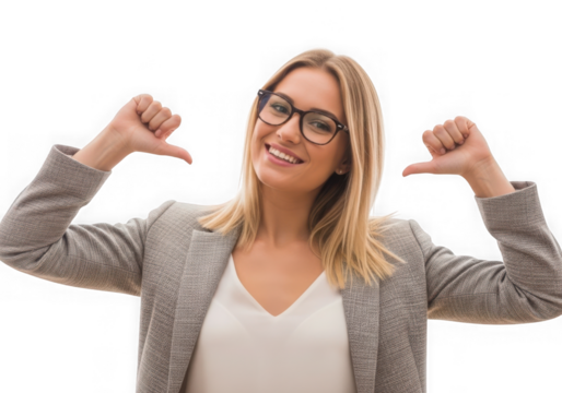 Smiling woman pointing thumbs at herself isolated on transparent background