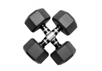 Four black hexagonal dumbbells crossed together isolated on transparent background