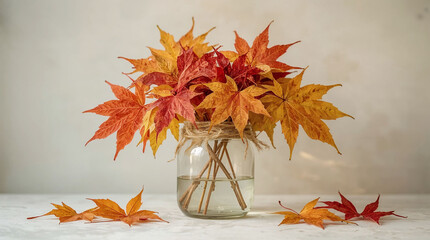 Autumn leaves bouquet in glass jar on light background  