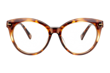 Stylish tortoiseshell cat eye eyeglasses with clear lenses isolated on transparent background for fashion and optical accessory concepts