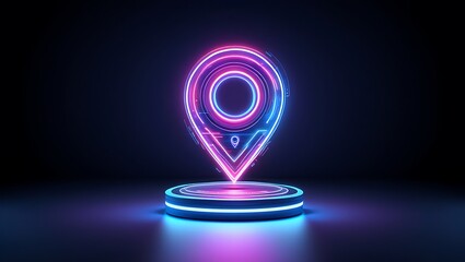 Futuristic neon location pin hologram glowing on a dark stage with vibrant blue and pink light effects