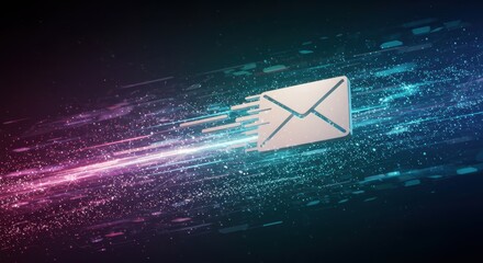 Accelerated digital communication illustrated with a stylized envelope and particle trails