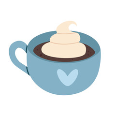 A cup with a heart. Hot drink with whipped cream. Hand-drawn drawing. Vector illustration with white isolated background.