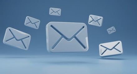 Conceptual email communication design featuring floating envelope icons on blue background