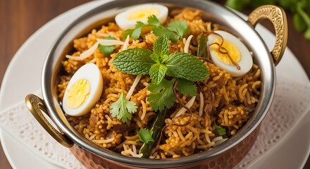 Delicious Egg Biryani served in a traditional copper pot garnished with fresh mint leaves and sliced boiled eggs presented elegantly on a white napkin a flavorful Indian rice dish