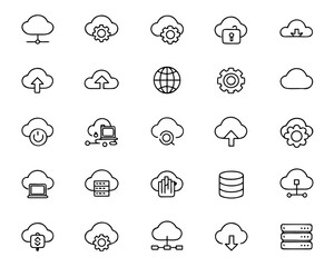 Fototapeta premium Comprehensive collection of cloud computing symbols and elements designed for digital services and technology applications presented in a clean graphic style