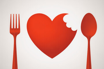 Red heart with bite marks between fork and spoon eating