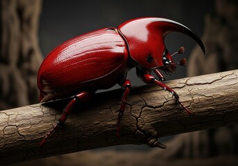 Vibrant red beetle perched on a dry branch with a dark moody background