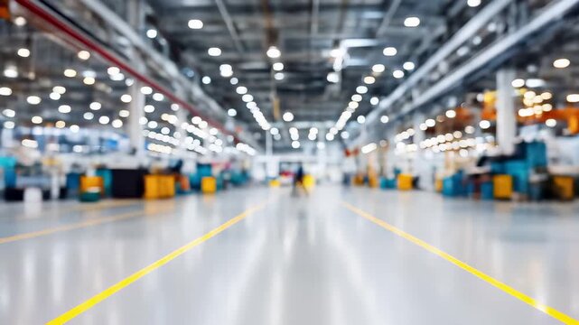 Modern industrial warehouse facility with yellow floor markings and blurred background. Large manufacturing space with organized layout, bright ceiling lights, and systematic workflow design