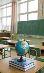 A traditional classroom setting with wooden desks and chairs, a green chalkboard, and large windows. In the foreground, there's a desk with a globe and a couple of green books on it.