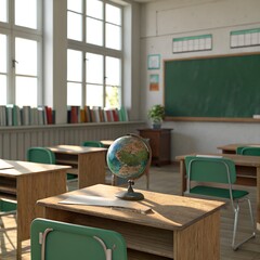 A bright, orderly classroom bathed in natural light. In the foreground, a colorful globe rests atop three stacked textbooks on a wooden desk. Rows of empty desks and green chairs stretch toward.