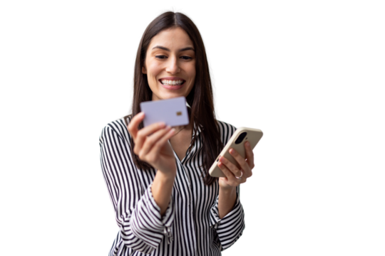 Cheerful professional woman using smartphone and credit card for online shopping, transparent backdrop - Powered by Adobe