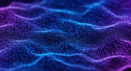 Dynamic digital seascape with glowing particles in shades of blue and violet waves