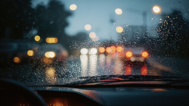 First-person View of Windshield Wipers in Heavy Rain with Blurred Lights