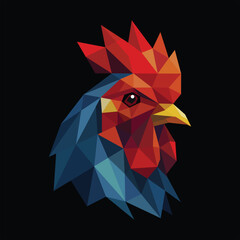 Geometric Low Poly Rooster Illustration in Bold Red and Blue