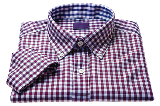 Classic gingham pattern button down dress shirt with folded sleeve isolated on transparent background