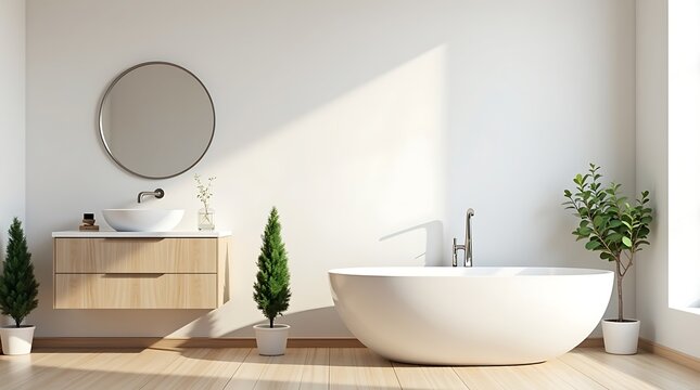 Modern bathroom with freestanding bathtub vanity oval mirror and potted plants bathed in sunlight